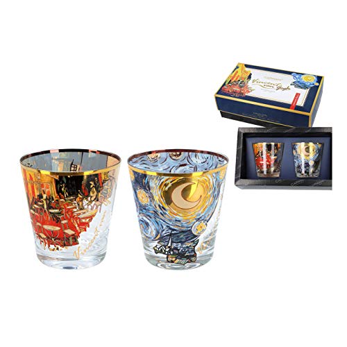 CARMANI - Schönes rundes Schnapsglas-Set mit 2 Stück, dekoriert mit "Café Terrace at Night" und "The Starry Night" von Vincent Van Gogh