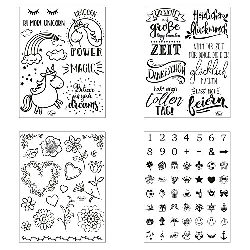 Clear Stamps 4er Set (Happiness) - Silikon-Stempel, Transparente Clear-Stamps, Wiederverwendbar & Anlass vorsortiert von Viva Decor