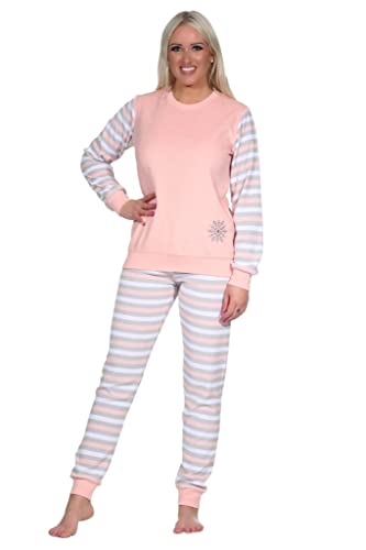 Damen Frottee Pyjama mit Rundhals, Uni Oberteil Ärmel und Hose in Ringel-Optik, Rosa, 67257. Gr. L 44/46
