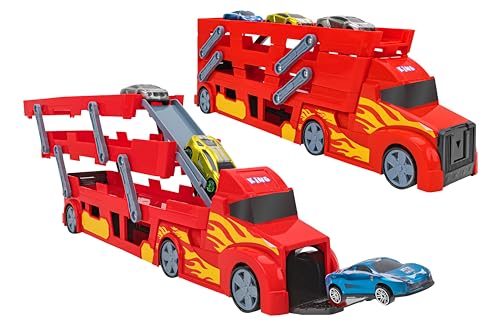 Spidko Großer Truck Bisarca 50 cm – umwandelbar in eine Rennstrecke – inklusive 3 Rennwagen aus Metall 1:64 – realistische Details – Globus Toys 41404