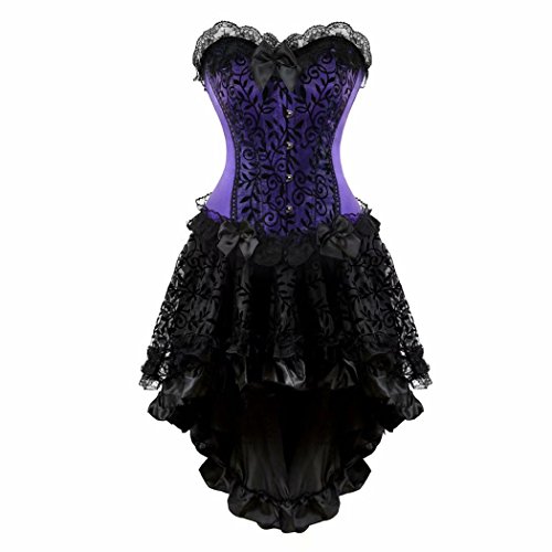 Corsette Damen Korsett Kleid Corsagenkleid Rock Spitzen Schnüren Gothic Halloween Violett Schwarz M