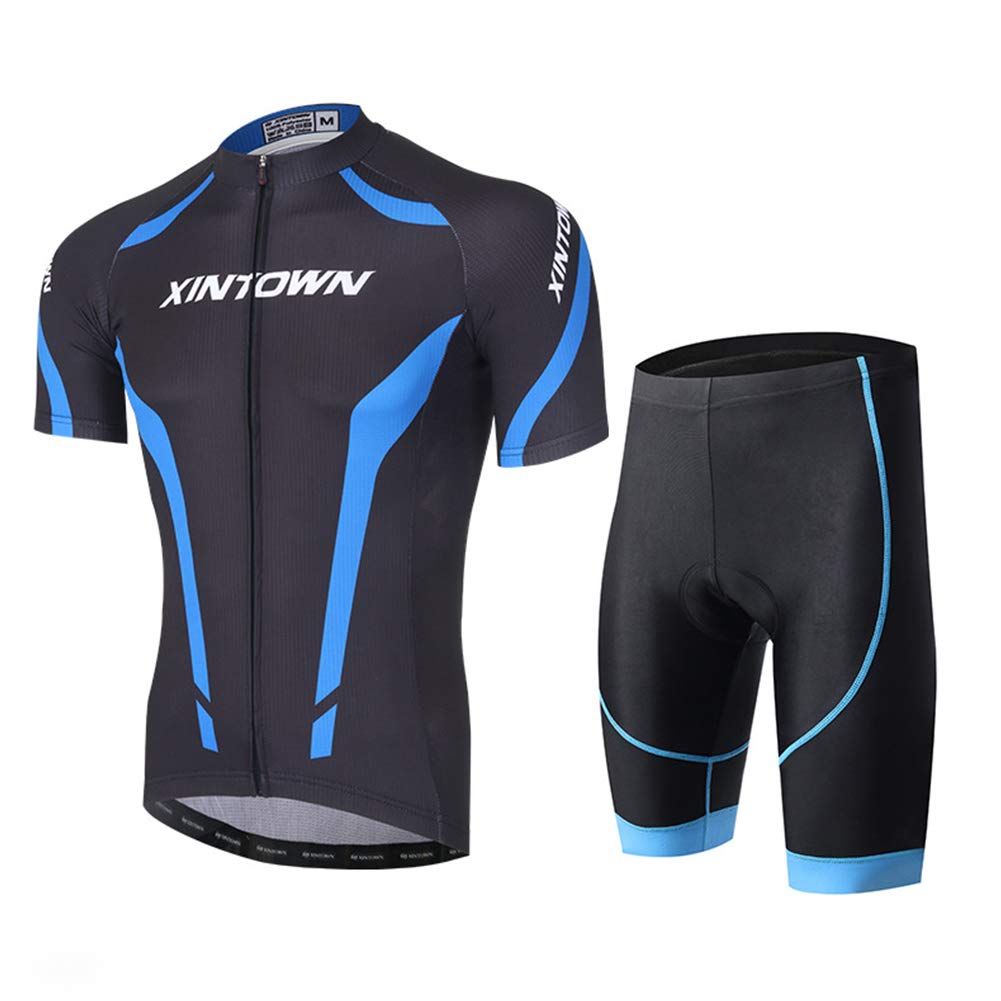Syshwden Herren Fahrradbekleidung Set Kurzarm Radtrikot Atmungsaktive Schnelltrocknend Fahrrad Jersey + Radhose mit Sitzpolster für MTB Rennrad Radsport (Blau schwarz, L)
