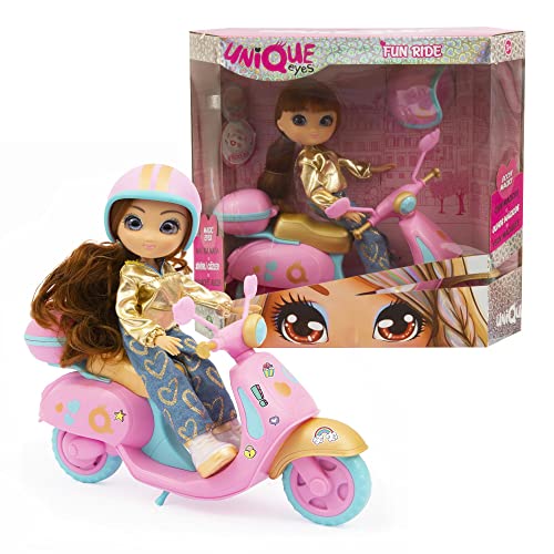 Unique Eyes - Sophia Fun Ride, Fashion Puppe mit langen Haaren, folgen Sie den Augen und rosa Motorroller mit Kofferraum, die sich öffnen und viele Zubehör, Helm und Aufkleber zum Dekorieren, berühmt (MYM11300)