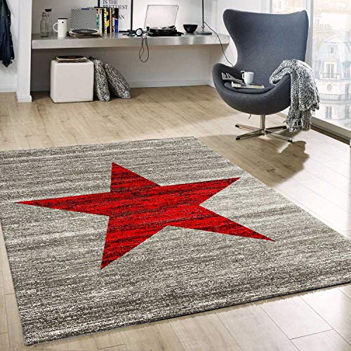 VIMODA Stern Muster Teppich Rot Grau Stylish Accessoire, Maße:120x170 cm