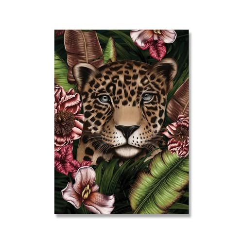 Tropical Leopard Toucan Poster Dschungel Tiere Leinwand Malerei natürlicher botanischer Kunst Druck nordisches Wandbild Wohnzimmerdekoration (Color : A, Size : 60x90cm No frame)