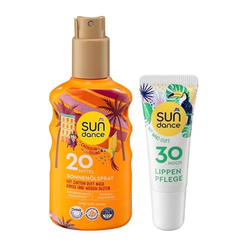SUNDANCE 2er-Set Sonnenschutz: SONNENÖLSPRAY Caribbean Feeling mit Kokos Duft verleiht der Haut seidigen Schimmer, LSF 20 (200 ml) + Lippenpflege MINZE LSF 30 (10 ml), 210 ml