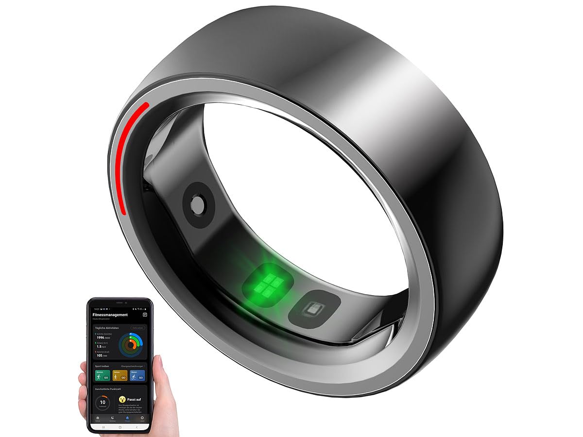 Newgen Medicals Smart-Ring-Fitness-Tracker: Fitness- & Schlaftracker-Ring mit Herzfrequenz- & SpO2-Anzeige, Gr. 57 (Fitnesstracker Ring, Schrittzähler, Armbanduhr)