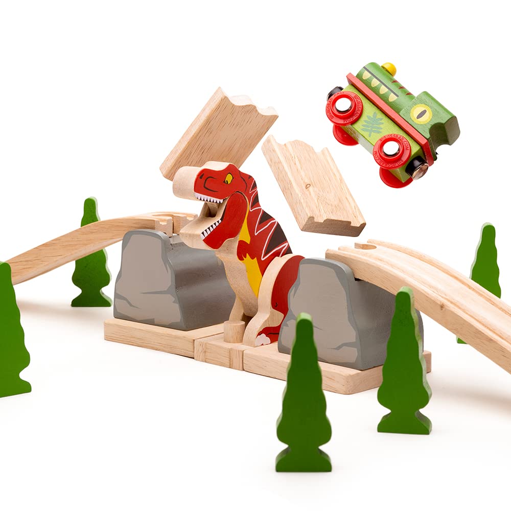 Bigjigs Rail, T-Rex Bursting Bridge, Wooden Toys, Dinosaur Toys, Bigjigs Train Accessories, Dinosaur Track, Wooden Train Sets, Trains for Kids, Bigjigs Trains