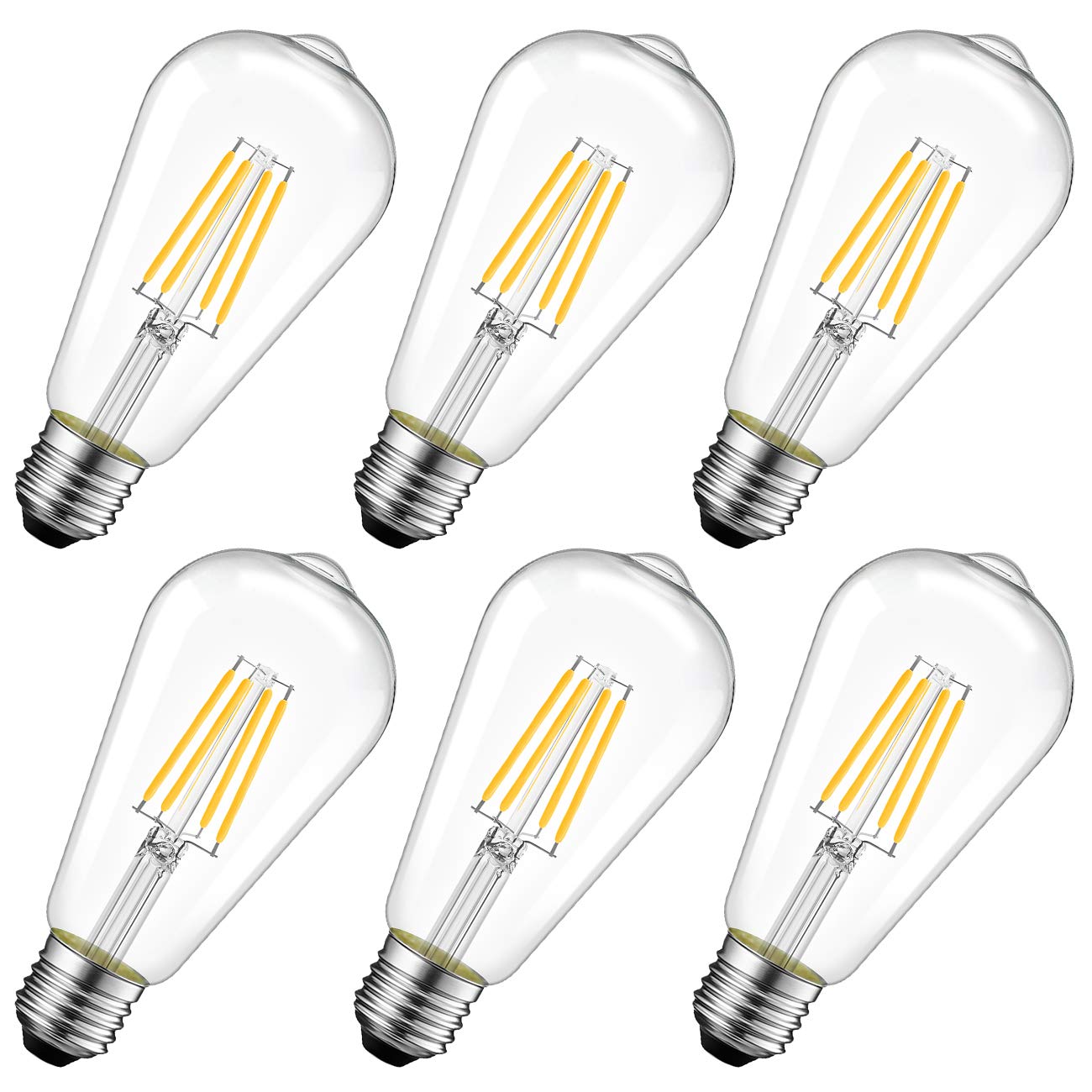 LVWIT 6.5W E27 Filament LED Glühfaden ST64, 2700K Warmweiß, Ersatz für 60W Glühlampe, ultrahell 806 lm, Rustikalampe in Kolbenform, Filamentstil klar (6er Pack)