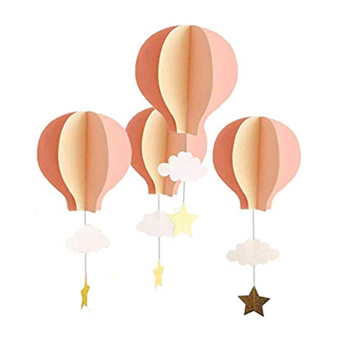 Toyvian 4 Stück Papier hängende Ornamente 3D Heißluftballons mit Wolken Sterne Dekoration für den Kindergarten Zuhause (hellrosa)