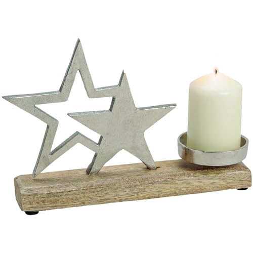 matches21 Kerzenhalter mit Sternen aus Metall & Holz Weihnachten Dekoration Skulptur Silber/braun 1 STK 25x16x5 cm