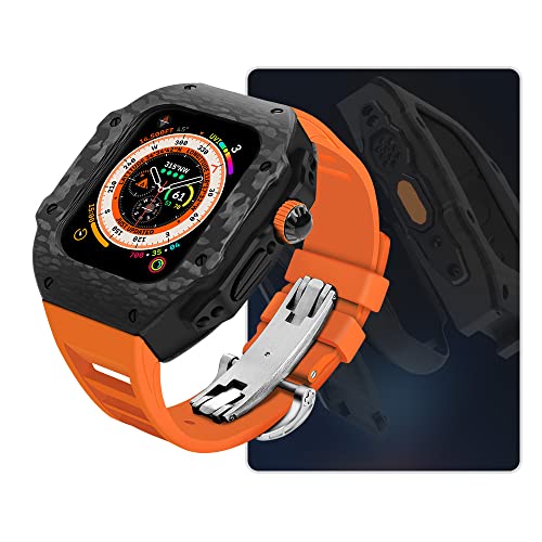 HHBYLEEE- Modifikationsset Kohlefaser-Gehäuse für Apple Watch Ultra 8 7 6 SE 5 4 Metall Mod Kit für iWatch 49 mm 45 mm 44 mm Fluororkautschukband(1140OrangeS-BB,44mm)