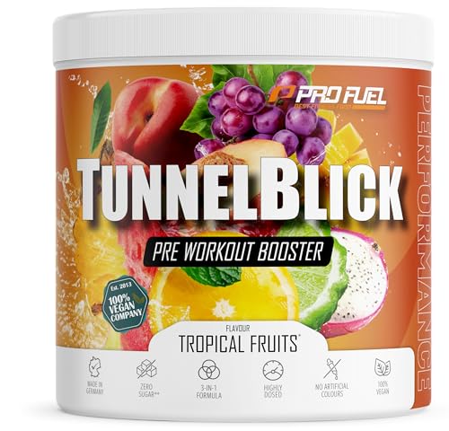 Pre-Workout-Booster TROPICAL FRUITS 440g - unglaublich lecker - TUNNELBLICK Trainingsbooster mit Citrullin, Arginin, Taurin, Koffein, Guarana und Magnesium - optimal hochdosiert - 100% vegan