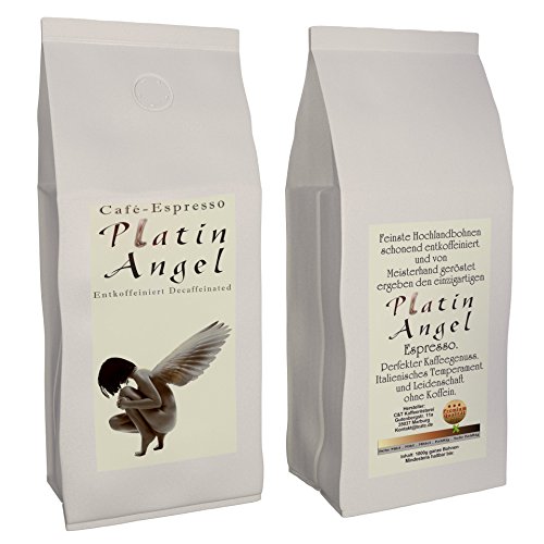 C&T Entkoffeinierter Espresso "Platin Angel" | 1000g Ganze Bohnen | Arabica Kaffee ohne Koffein + Würzig + Fruchtig + Säurearm + Decaf