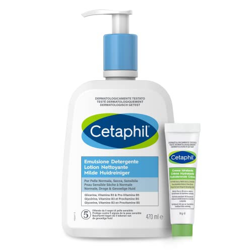 Cetaphil Emulsion für Gesicht und Körper, für normale Haut, empfindlich, trocken und tolerant, Feuchtigkeit bis zu 4 Tage, parfümfrei, Format 470 ml + Travel Size Feuchtigkeitscreme 14 g