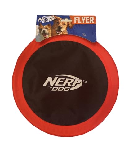 Nerf Dog Nylon Flyer Hundespielzeug, fliegende Scheibe, leicht, langlebig und wasserabweisend, ideal für Strand und Pool, 25,4 cm Durchmesser, für mittelgroße Rassen, Rot und Schwarz