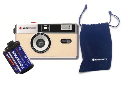 AgfaPhoto analoge 35mm Foto Kamera beige Set (B+W Film + Batterie)