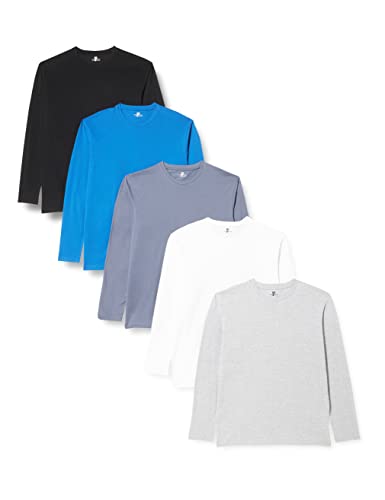 Lower East Herren Langarm-Shirt mit Rundhalsausschnitt aus 100% Baumwolle, Schwarz/ Rauchblau/ Königsblau/ Hellgrau Melange/ Weiß (5er Pack), L