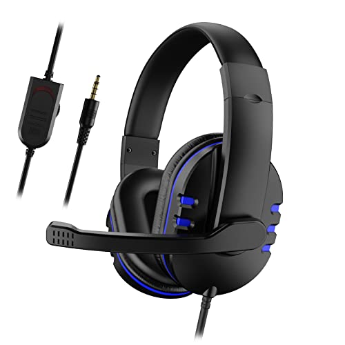 Gaming-Headset mit Mikrofon für Xbox One/PS4, Over-Ear-Geräuschisolierung, Bass-Gaming-Kopfhörer mit Mikrofon, Surround-Sound, Lautstärkeregler (Schwarz + Blau)