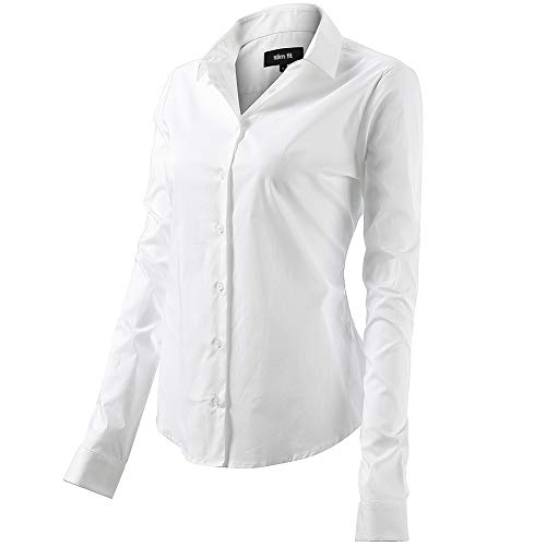 FLY HAWK Bluse Hemdbluse Damen Hemd Basic Kent-Kragen Elegant OL Work Slim Fit Langarm Stretch Formelle Hemden,Weiß, Größe 36, Hersteller - 8