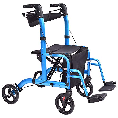 Senioren Blau 2 in 1 Rolling Walker, tragbarer Rollstuhl mit 8-Zoll-Rädern und Sitz, Bremse und Rückenlehne, zusammenklappbarer, höhenverstellbarer Walker