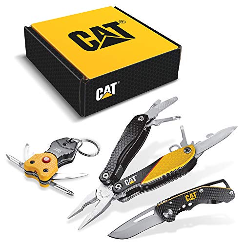Cat 3-teiliges 12-in-1 Multifunktionswerkzeug, Messer und Multifunktionswerkzeug-Schlüsselanhänger, Geschenkbox-Set – 240192, Gelb