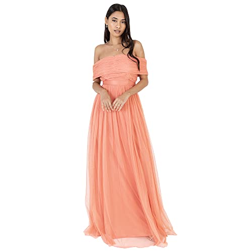 Anaya with Love Damen Womens Ladies Maxi Dress Bardot Off Shoulder with Belt Long Empire Waist for Wedding Guest Prom Evening Gown Bridesmaid Kleid, Coral Pink, 40
