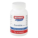 Megamax L-Carnitin 500 mg (l-carnitine, carnipure). Körpereigenes L-Carnitin unterstützt die Energiefreisetzung im Fettstoffwechsel. Inhalt: 60 Tabletten à 500 mg