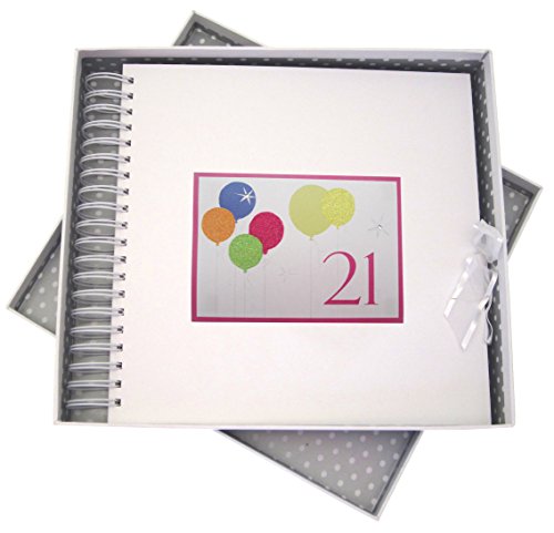 WHITE COTTON CARDS Glückwunschkarte zum 21. Geburtstag und Speicher Buch mit Neon Glitter Luftballons, weiß