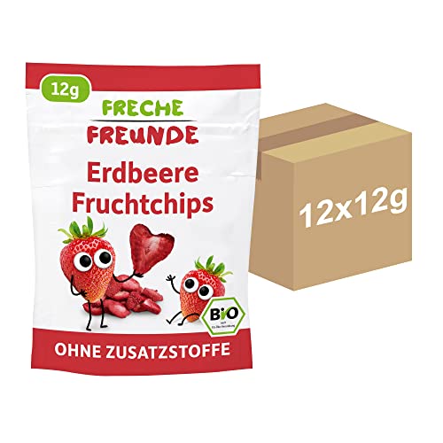 Freche Freunde Bio Fruchtchips "100% Erdbeere", gefriergetrocknet Obst Chips Erdbeere, ohne Zuckerzusatz, vegan, laktosefrei, glutenfrei, 12er Pack (12 x 12 g)