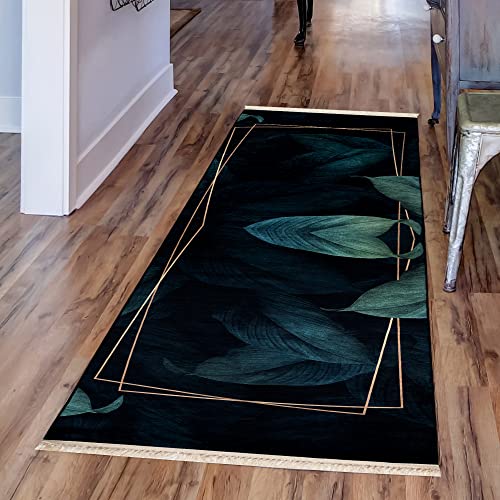 mynes Home Waschbarer Teppich mit Blätter Motiv Grün Modern rutschhemmend pflegeleicht NEU 5300 (80x300cm)
