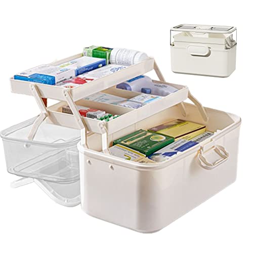Tragbare Erste-Hilfe-Box, Erste-Hilfe-Aufbewahrungsbox, leere Erste-Hilfe-Box für zu Hause, Kunststoff-Medikamenten-Organizer, 3-lagiger Tablet-Organizer, abschließbare Aufbewahrungsbox mit Griff, M