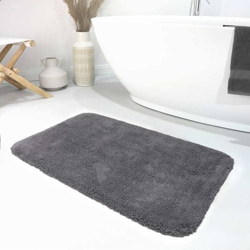 wecon home Moderner Flauschiger und waschbarer Badezimmerteppich aus Baumwolle - Ole (55 x 65 cm, grau)