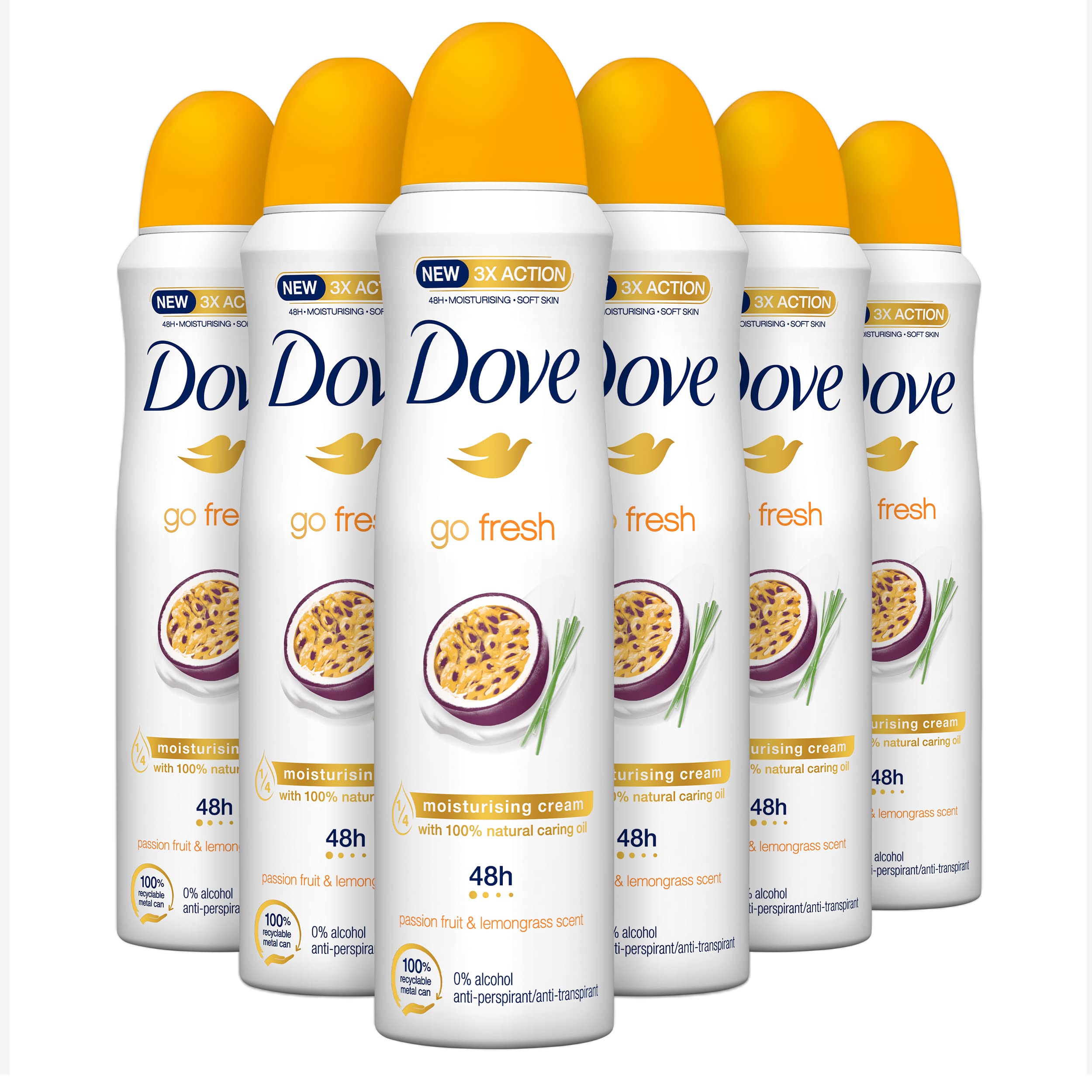 Dove, Go Fresh Deodorant Spray Passion Fruit, mit 1/4 Feuchtigkeitscreme, Antitranspirant, ohne Alkohol, trockene Haut bis zu 48 Stunden, frischer Duft, Deodorant für Damen und Herren, 6 Stück à 150
