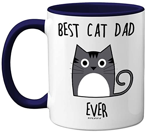 Stuff4 Tasse mit Aufschrift Best Cat Dad Ever Geschenk für Katzenliebhaber süße Tassen für Männer lustige Katzengeschenke Kaffeebecher 325 ml Keramik spülmaschinenfest Premium marineblauer Griff