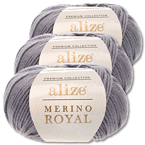 Wohnkult Alize 3x50 g Merino Royal 100% Merinowolle 9 Farben zur Auswahl Superwash Wolle Warmer (87 | Dunkelgrau)
