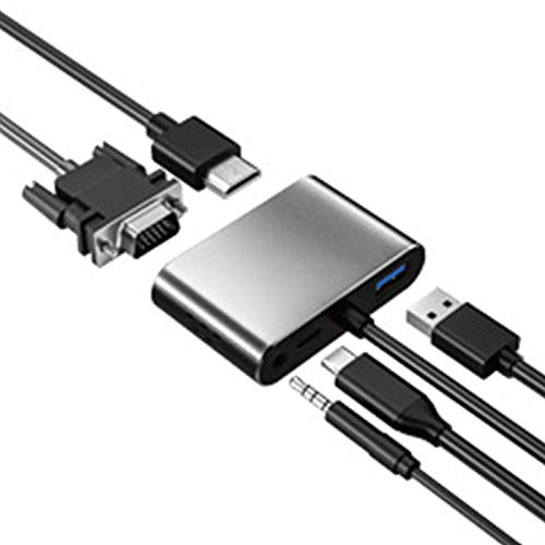 5-in-1-Typ-C-Hub, USB-C-Dockingstation aus 5-Port-Aluminiumlegierung mit HDMI + VGA + USB3.0 + Typ-C + 3,5-mm-Audio-Schnittstelle für PC-Tablet-Laptop-Computer