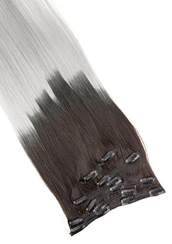 Clip In Extensions Echthaar 7tlg SET - 55cm in #Ombre 1b/grau 7 teiliges Haarteil für komplette Haarverlängerung - Hochwertige braun grau ombré 100% Remy Echthaar Clip-In Extension GlamXtensions