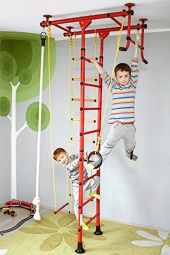 NiroSport FitTop M1 Sprossenwand für Kinder & Erwachsene, kinderleichte Montage, max. Belastung bis ca. 130 kg, (Rot, Raumhöhe 200-250 cm)