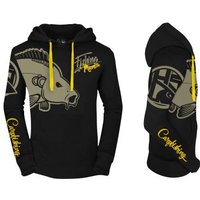 HOTSPOT DESIGN Hoody Fishing Mania Carpfishing, Kapuzensweater Fuer Karpfenangler, Gr. XXL, schwarz gelb