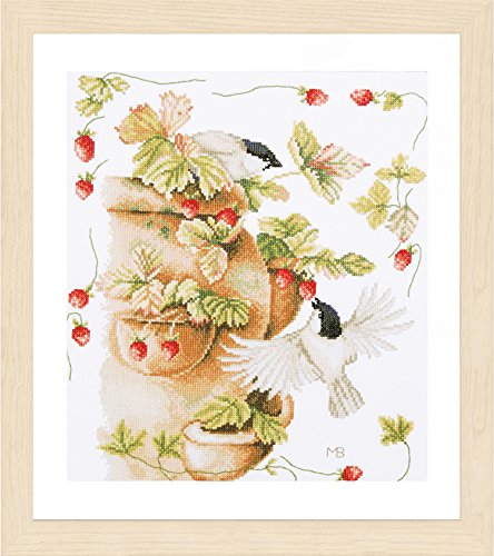 Lanarte Zählmusterpackung Vögel beim Erdbeernaschen Zählst Kreuzstichpackung, Baumwolle, Mehrfarbig, 30.0 x 33.0 x 0.30 cm