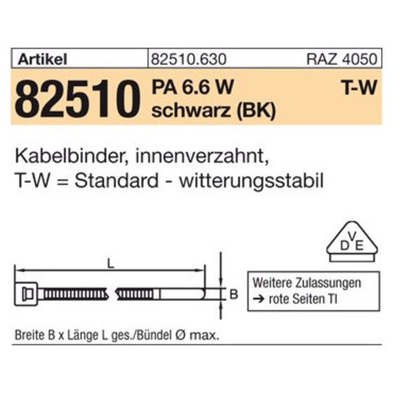 Kabelbinder ART 82510 PA 6.6 W 3,5 x 285/ 80, schwarz, T30LL-W S