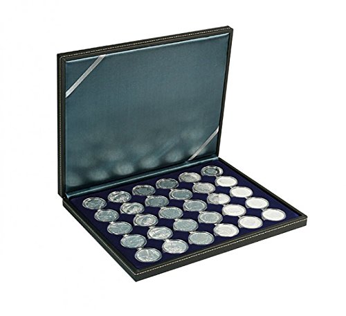 Münzkassette NERA M mit dunkelblauer Münzeinlage mit 30 runden Vertiefungen für Münzkapseln mit Außen-Ø 39,5 mm, z.B. für deutsche 20 Euro-/10 Euro-Silbermünzen in LINDNER Münzkapseln