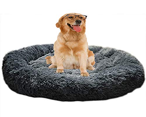 HANHAN Beruhigendes Donut-Hundebett, mittel/extra groß, XL, Anti-Angstzustände, orthopädisches Plüschkissen, Jumbo-flauschig, rund, warmes Sofa für Labrador, Schlaf, dunkelgrau