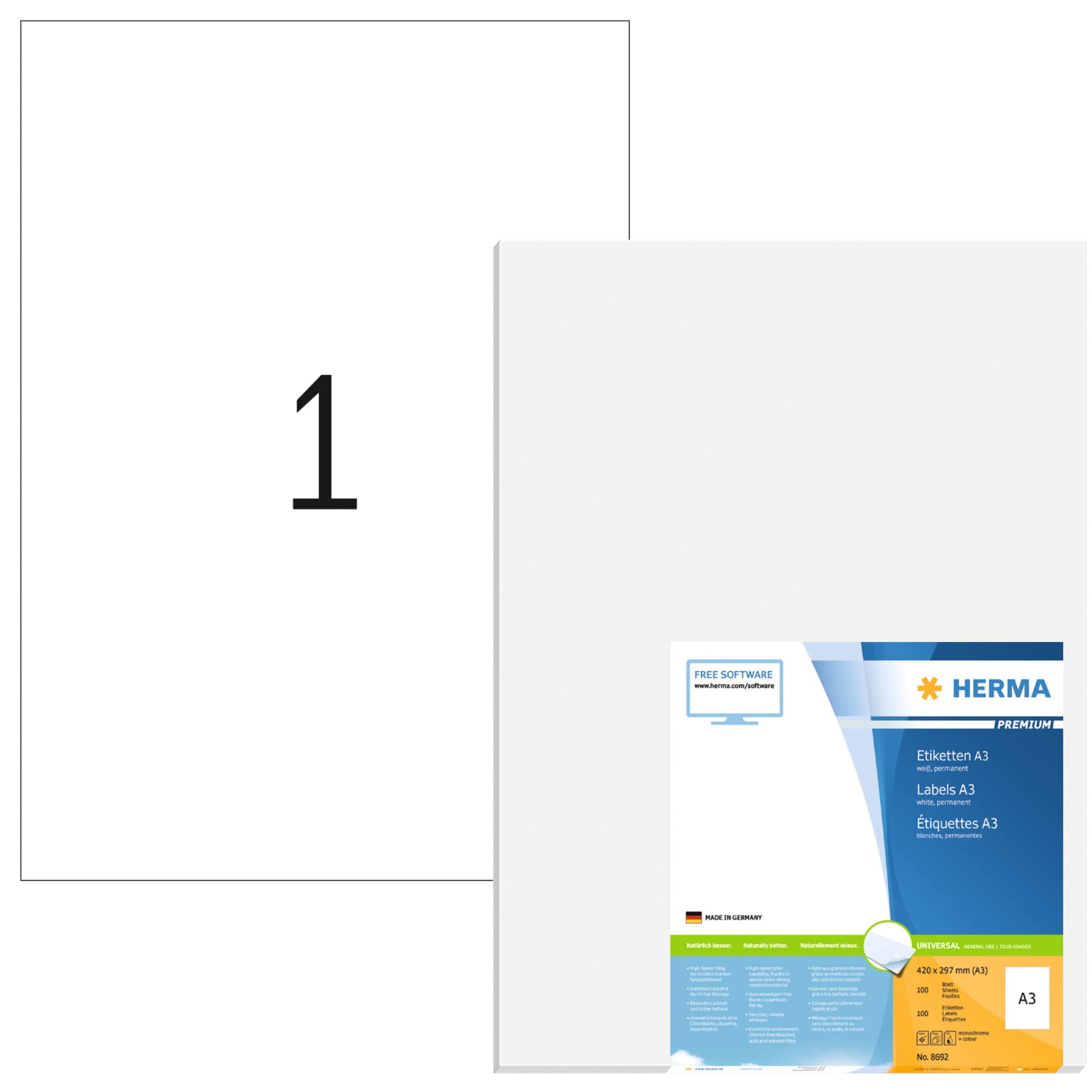 HERMA 8692 Universal Etiketten, 100 Blatt, 297 x 420 mm, 1 pro A3 Bogen, 100 Stück, selbstklebend, bedruckbar, matt, blanko Papier Klebeetiketten Aufkleber, weiß