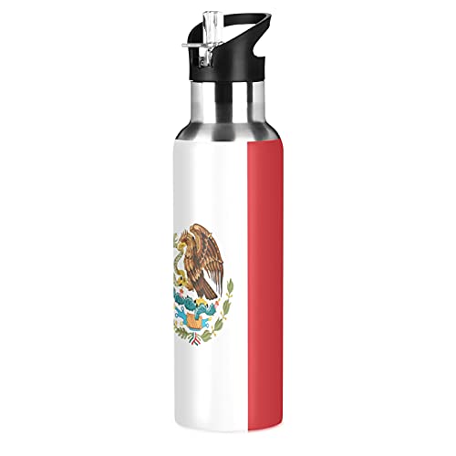 Mexiko-Flagge, Adlermotiv, Sport-Wasserflasche mit Strohhalm, vakuumisoliert, Edelstahl-Thermo-Trinkflasche für Erwachsene, Damen, Herren, Kinder, Mädchen, Jungen, Schule, Laufen, 600 ml