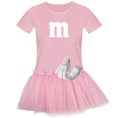 T-Shirt M&M + Tüllrock Karneval Gruppenkostüm Schokolinse 11 Farben Damen XS-3XL Fasching Verkleidung M's Fans Tanzgruppe, Gr.:2XL, Farbauswahl:rosa - Logo Weiss (+Handschuhe Weiss/Tütü rosa)
