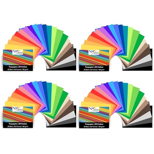 artdee® Tonpapier bunt in 20 verschiedenen Farben 180 g/m² – Bastelpapier Set (80 Blatt gemischt in DIN A2) – Buntes Papier zum Basteln – Bastelpapier bunt für Kinder und Erwachsene