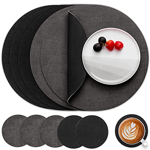 Myir JUN Tischsets Abwaschbar Leder und Untersetzer, Doppelseitigen Platzset Rund Ø 36cm 6er Set rutschfest Glasuntersetzer Platzdeckchen Leder Kunstleder Tischset (Grau Schwarz, 6er Set)