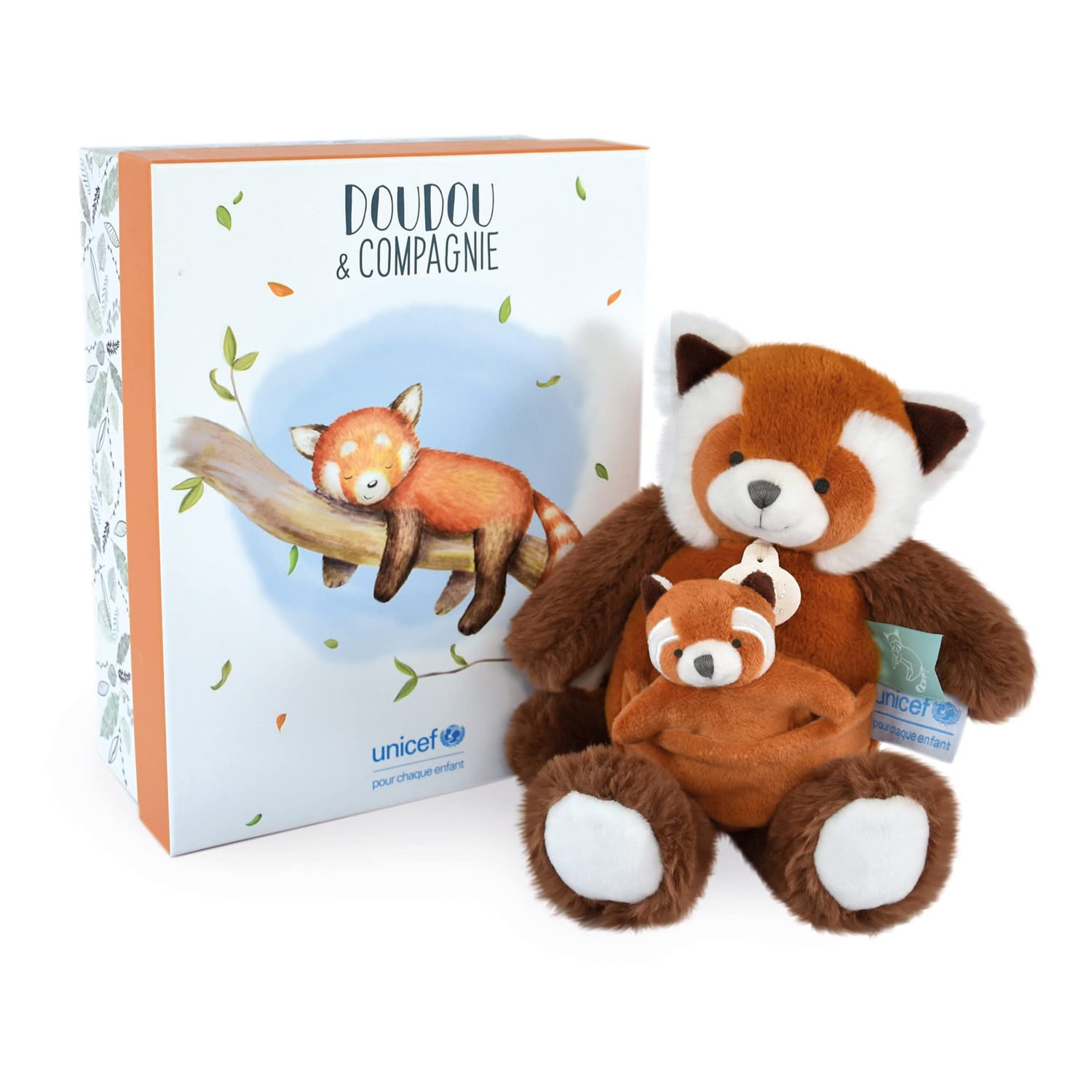 Doudou et Compagnie - Plüsch-Panda, rot, mit Baby, 25 cm, Braun, schöne Geschenkbox – Baby & Moi – Unicef DC3985